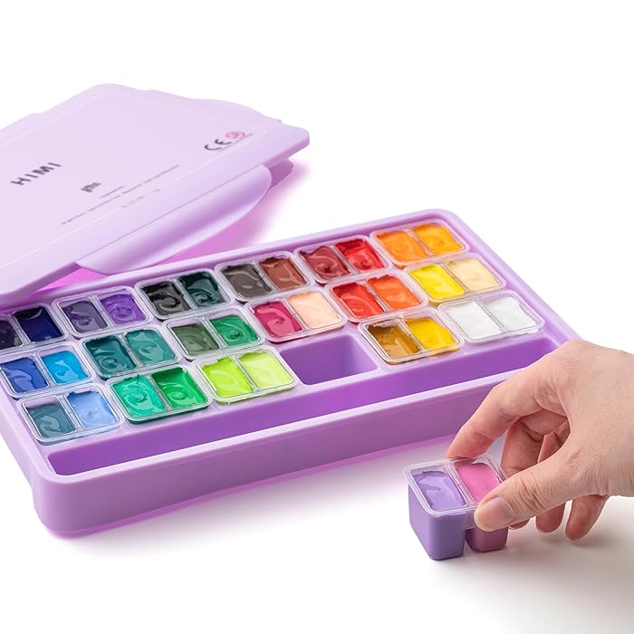 HIMI 36-Color Twin Cup Jelly Gouache Paint Set – 12g Non-Toxic Paints for Canvas & Paper (Purple Case)